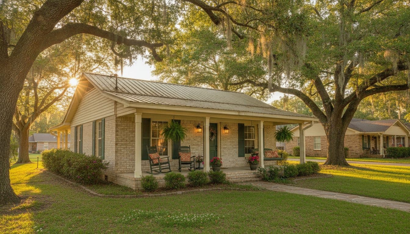 A welcoming Louisiana home with a covered front porch at golden hour in the Bossier-Caddo area